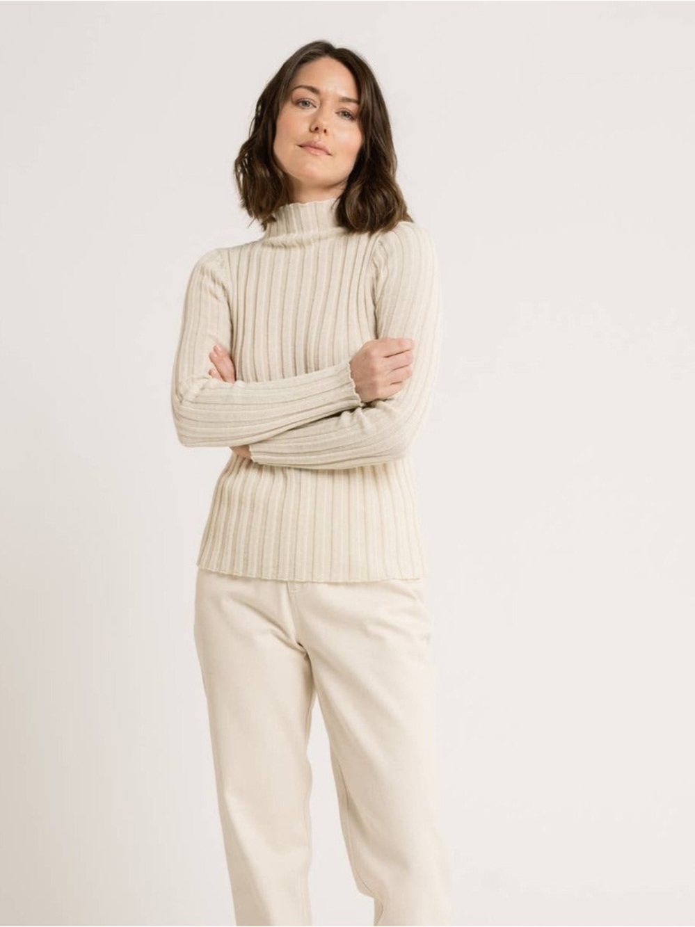 Laude the Label 100% Alpaca Ribbed Knit Mock Neck Long Sleeve Sweater Cream  L